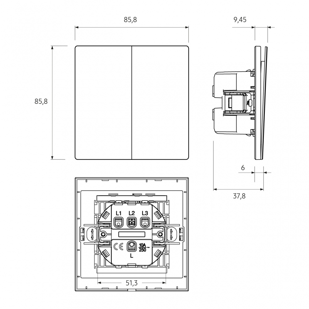 Вимикач двоклавішний HausMark INO без підсвітки білий LS-2G-EU-White