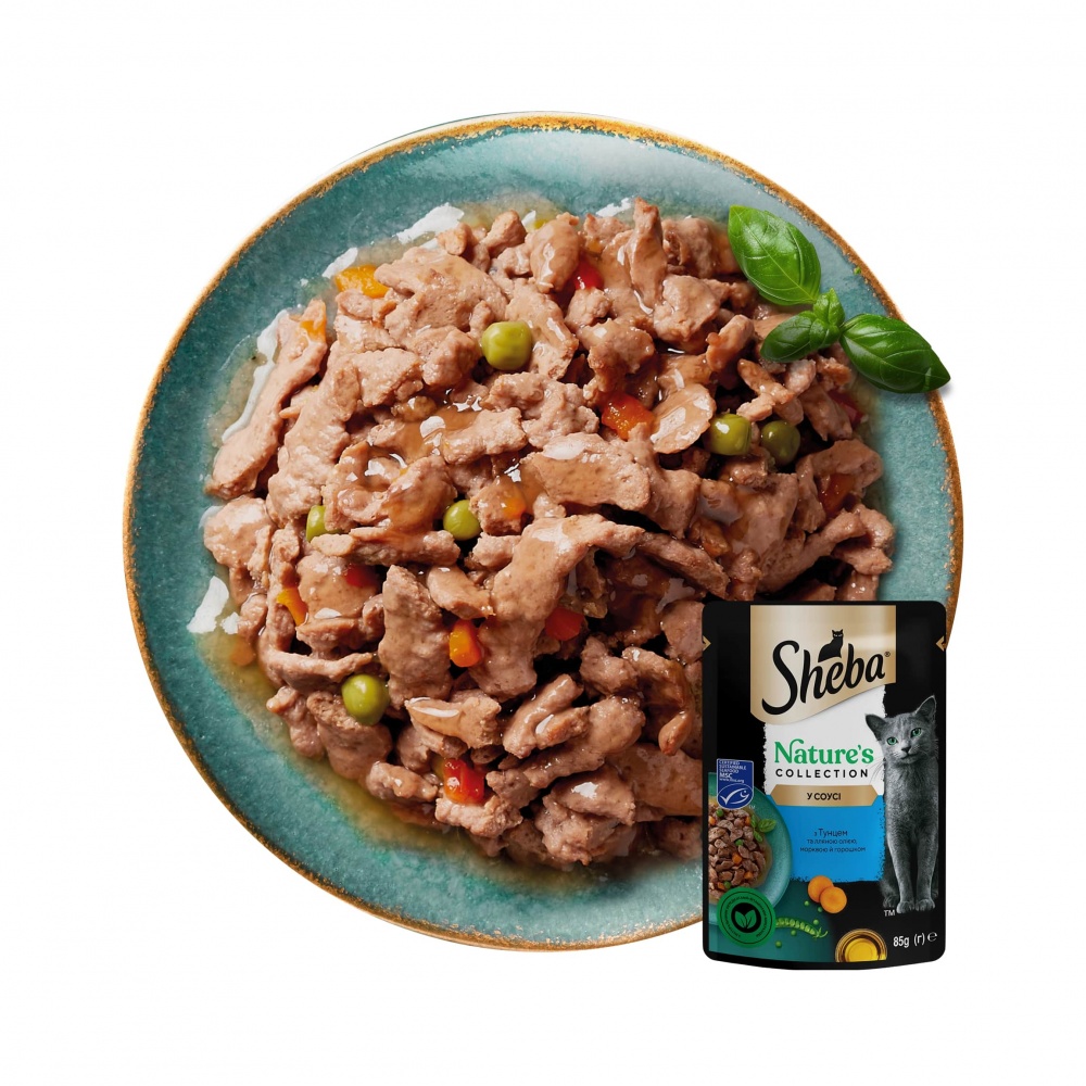 Корм вологий беззерновий для котів Sheba Natures з тунцем лляною олією й горошком 85 г