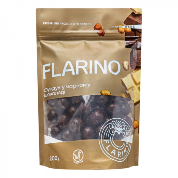 Фундук Flarino жареный в черном шоколаде д/п 200 г 