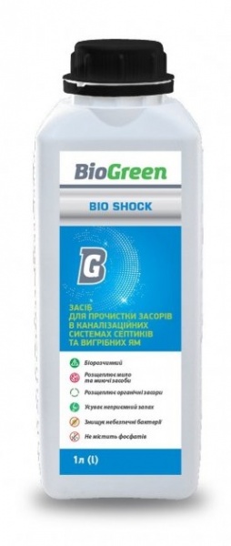 Засіб для прочищення засмічень у каналізаційних системах септиків та вигрібних ям Bio Shock 1 л