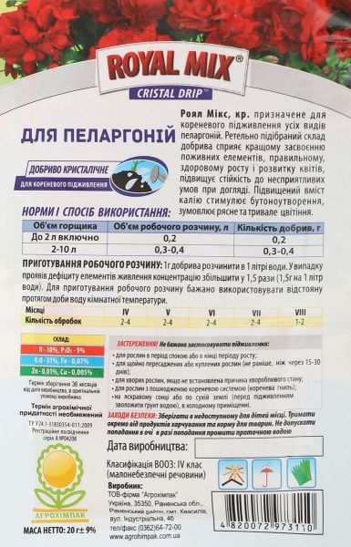 Удобрение минеральное Royal Mix для пеларгонии (для корневой подкормки) 20 г