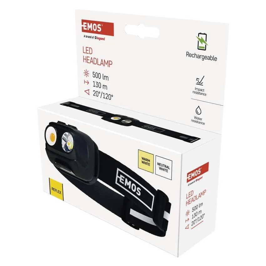 Фонарь налобный Emos аккумуляторный COB LED Li-pol 1200 mAh 500 Lm черный P3542