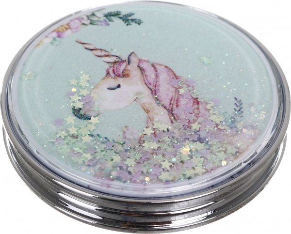 Зеркало карманное косметическое Лідер Канц Единорог с сыпучими блестками круглое 12 вариантов в ассортименте 