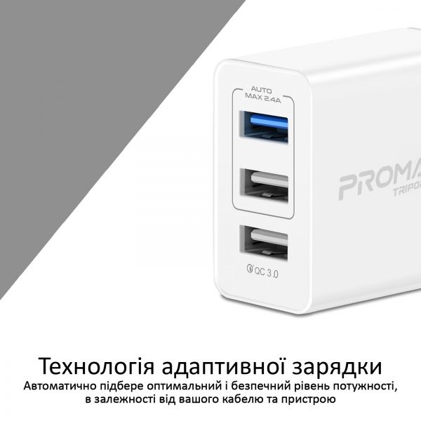 Зарядное устройство Promate TriPort-QC 30Вт USB QC3.0 + 2 USB White