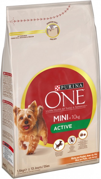 Корм Purina One сухой для собак малых пород Mini Active, курица и рис, 1,5 кг