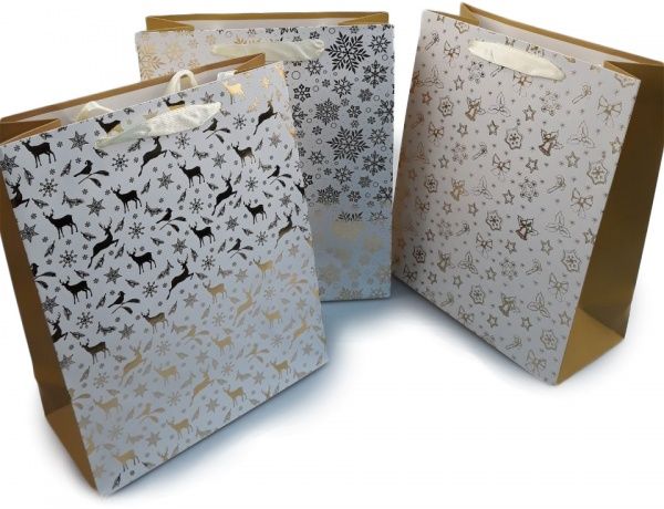 Пакет бумажный подарочный белый с золотистым орнаментом 21x26 см 