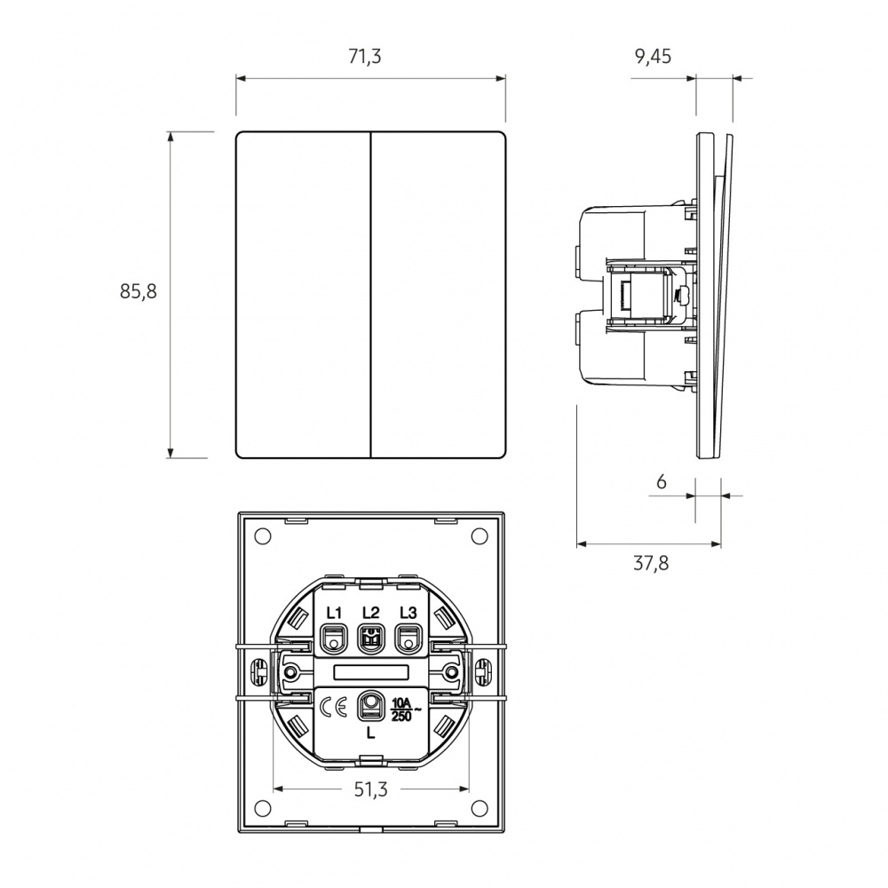 Вимикач двоклавішний HausMark INO без підсвітки білий LS-2G-GP-White
