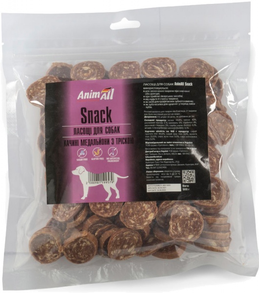 Лакомство AnimAll Snack утиные медальоны с треской 500 г 151739