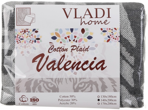 Плед Валенсия Тигр 140x200 см светло-серый с принтом Vladi 