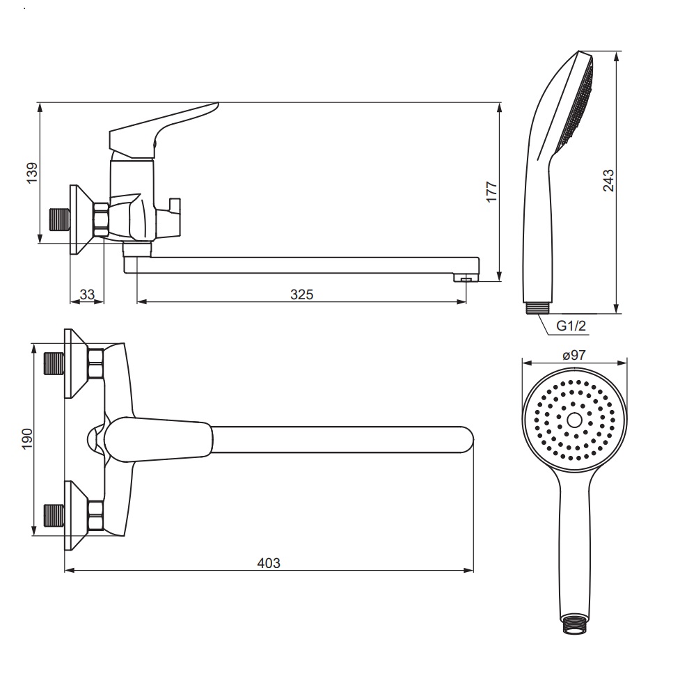 Змішувач для ванни/душу Damixa 779500001 Jupiter з довгим виливом та душовим комплектом