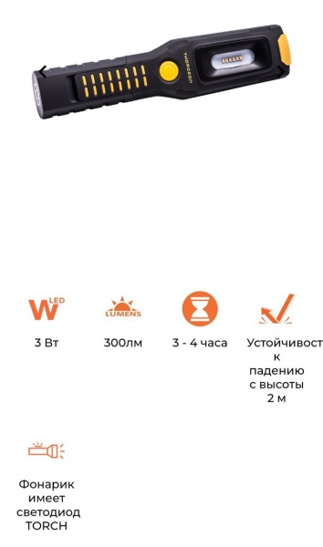 Фонарик-лампа Thorgeon 300Lm 1W с магнитом и крючком