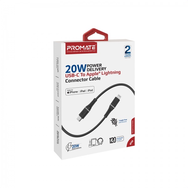 Кабель Promate PowerLine-Ci120 USB-C to Lightning MFi 20W Power Delivery 1.2 м 1,2 м чорний (powerline-ci120.black) 