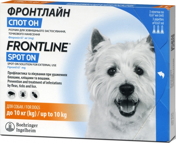 Капли Frontline Boehringer Ingelheim Spot-on против блох и клещей для собак весом 2-10 кг (2000981007690) 0,67 мл