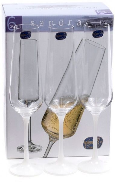 Набір бокалів для шампанського Sandra 200 мл 6 шт з білою ніжкою Bohemia