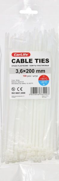 Стяжка кабельная CarLife белый, уп. 100 шт. 3,6х200мм