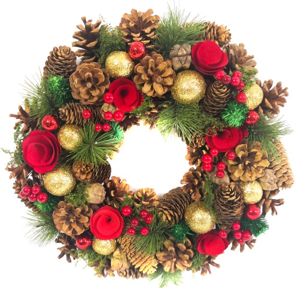 Декорація новорічна Dalian Everglory вінок з шишок і золотих кульок d33 мм EWJ002 