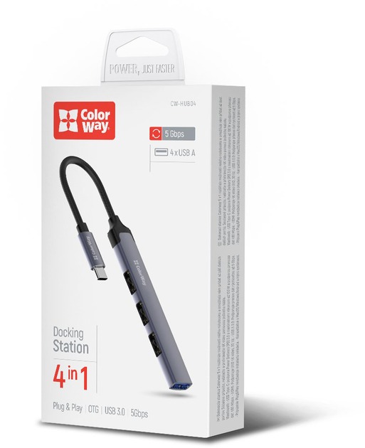USB-хаб ColorWay USB-C 4-в-1 USB2.0х3/USB3.0 0,12 м сірий (CW-HUB04)
