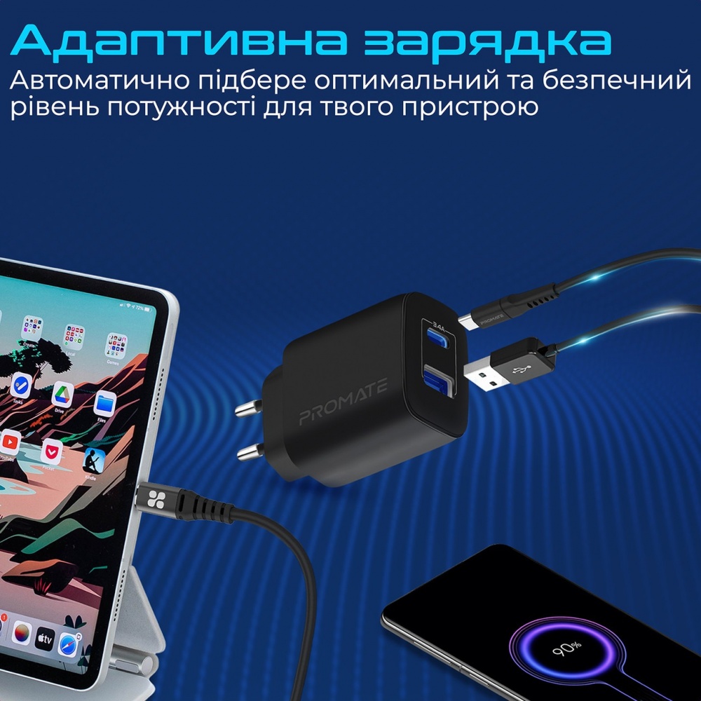 Сетевое зарядное устройство Promate BiPlug-QC3 18W 2хUSB-A