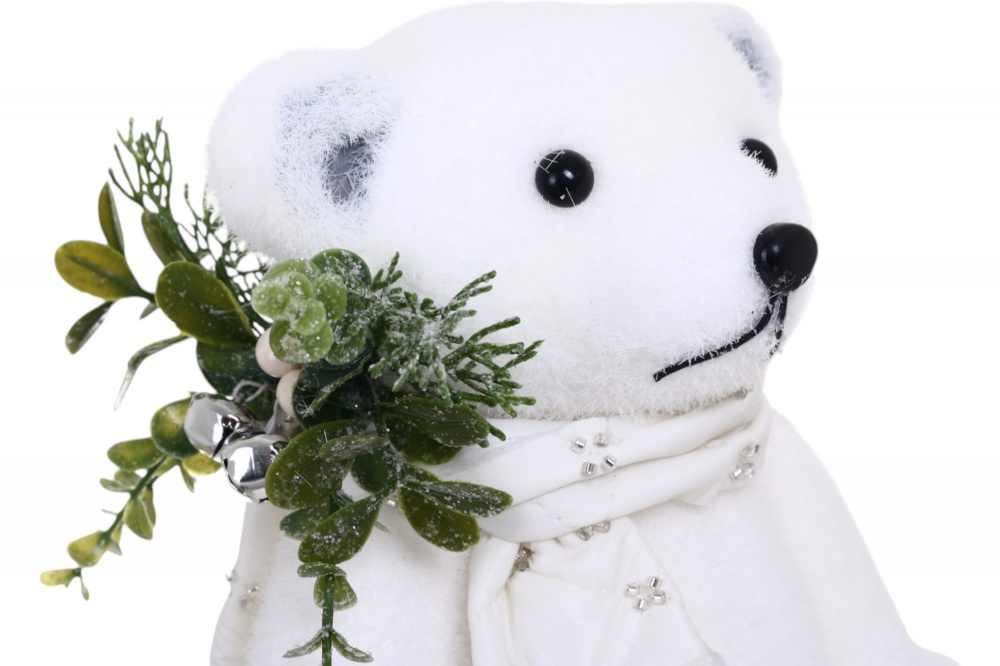 Декорація новорічна ведмежа сидячий з декором білий 15х18 см