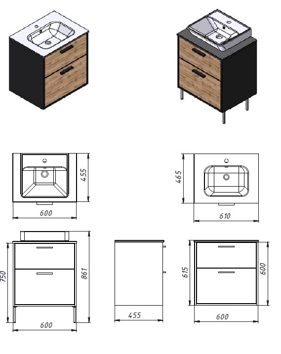 Тумба ЮВЕНТА Afina 60 см антрацит + Дуб Вотан під стільницю або умивальник Piedra 60