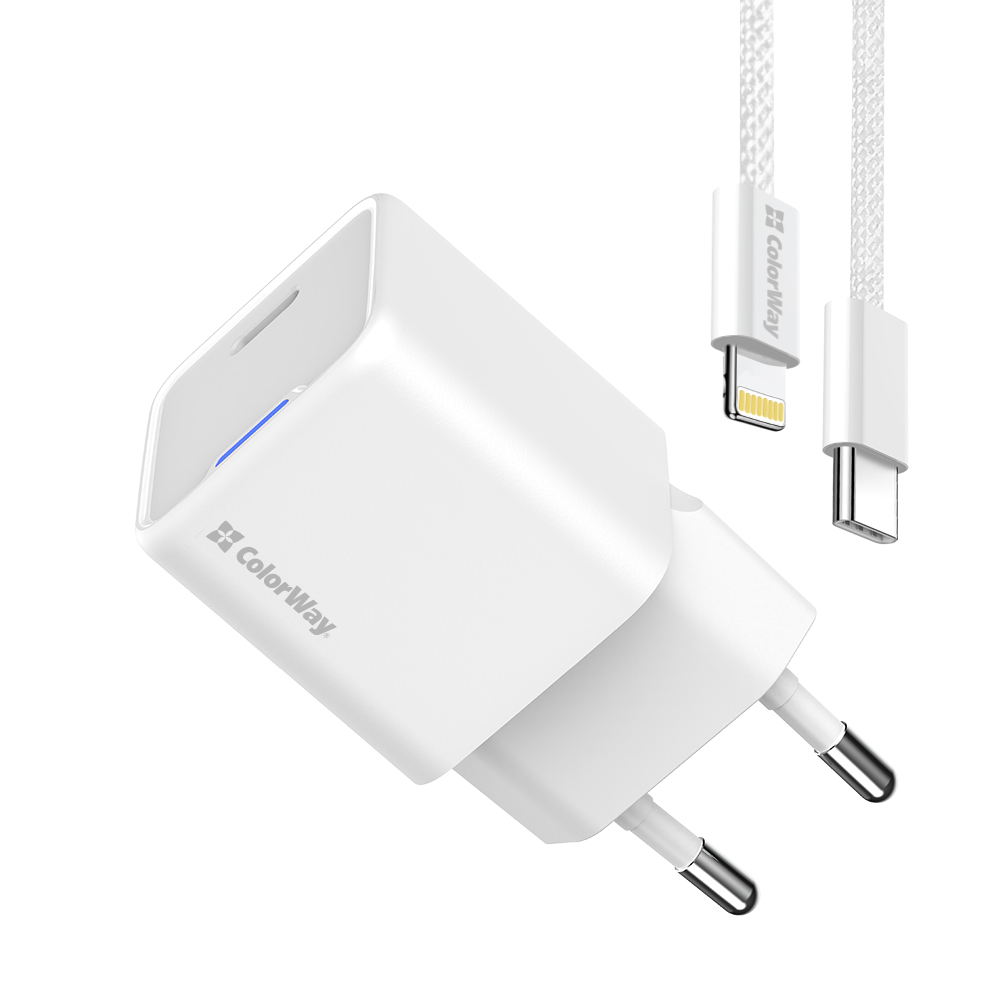 Зарядное устройство ColorWay GaN Mini 20W PD Port PPS USB-C белое cable Lightning (CW-CHS059PDL-WT)