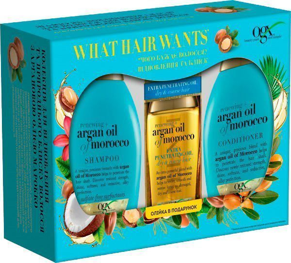 Подарочный набор для женщин Ogx с аргановым маслом Марокко Шампунь восстанавливающий 385 мл + Кондиционер восстанавливающий 385 мл + Аргановое масло для глубокого восстановления волос 100 мл