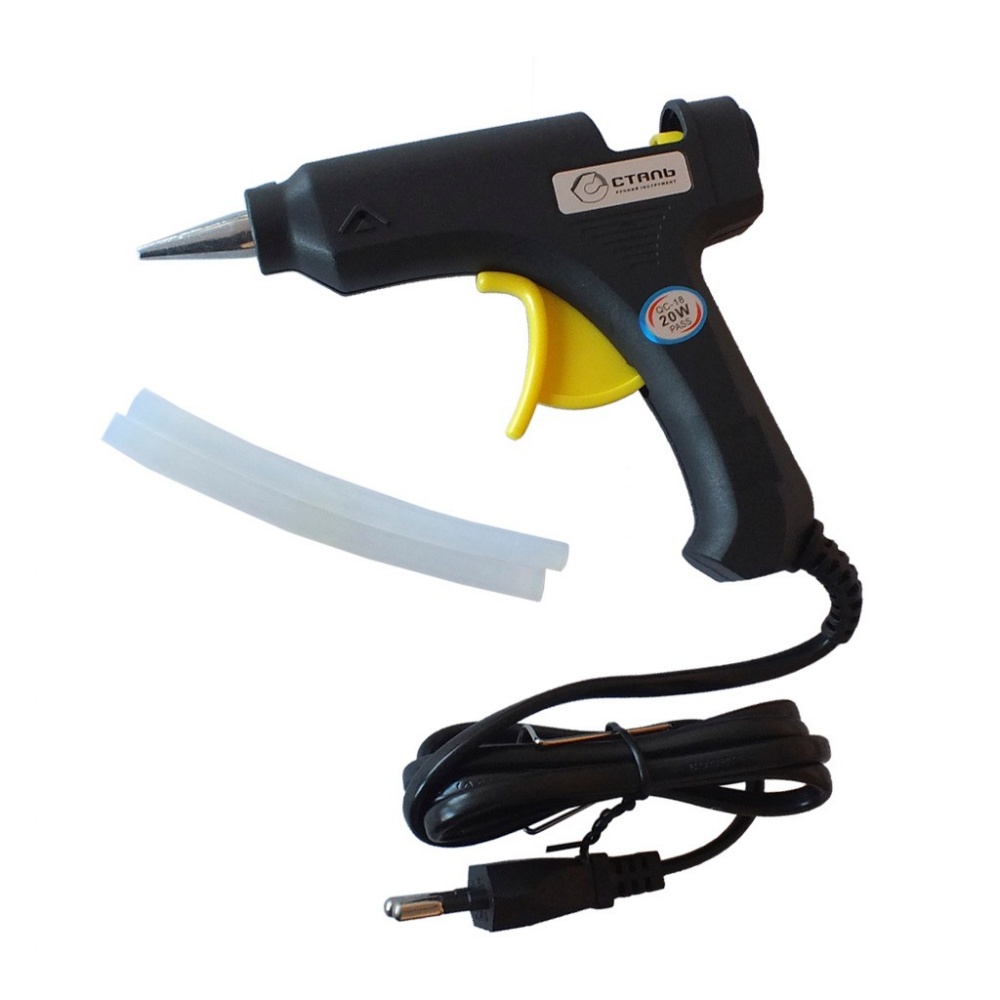 Пистолет клеевой Сталь 20 Вт со стержнями 79397