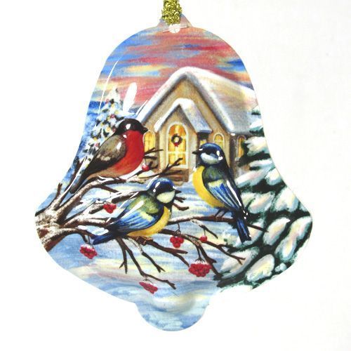 Елочная игрушка колокольчик Птички 10 см 