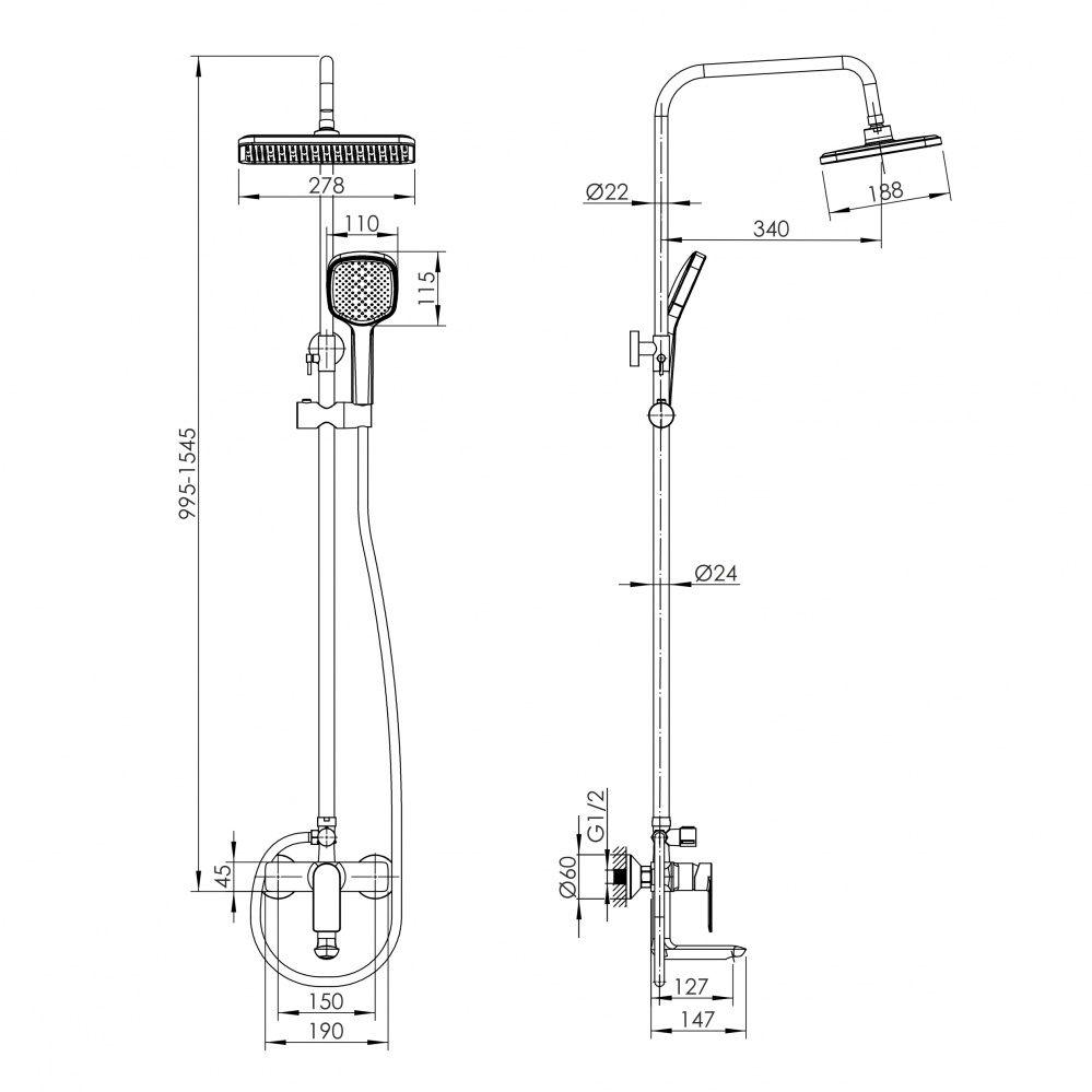 Душова система Imprese MODUS E зі змішувачем для ванни, хром