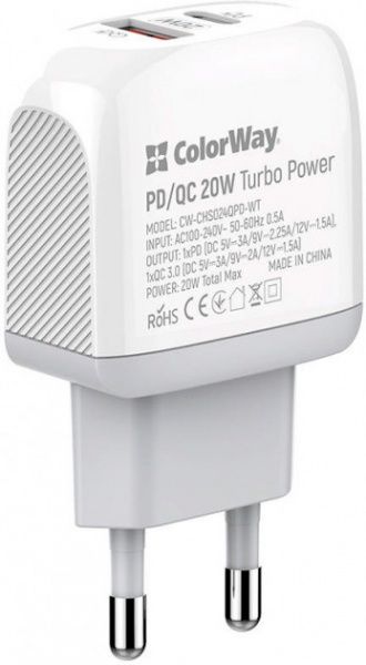 Сетевое зарядное устройство ColorWay (Type-C PD + USB QC3.0) 3.0А 20W