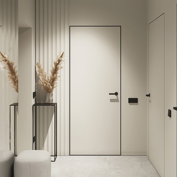 Двери скрытого монтажа MVM Outside/внешнее открывание с алюминиевым торцом RAL9005 черный мат ПГ 800 мм грунтованные под отделку 