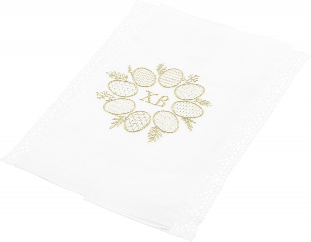 Полотенце пасхальное с кружевом Пасхальные яйца 40x75 см белый с золотым