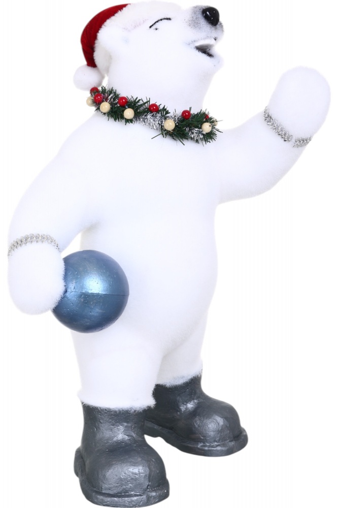 Декорация новогодняя медведь игривый с мячом белый 27х40х57 см