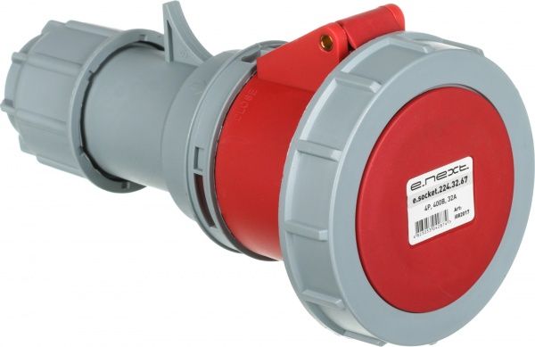 Розетка силова переносна із заземленням E.NEXT e.socket.224.32.67, 4п., 400В, 32А, IP 67 сірий із червоним i082017