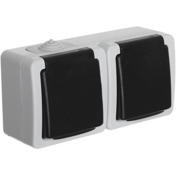 Розетка вологозахищена подвійна із заземленням Титан зі шторками з кришкою білий із чорним 88623