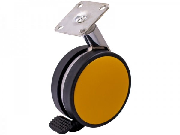 Ролик мебельный D-82 мм с площадкой и тормозом желтый DC