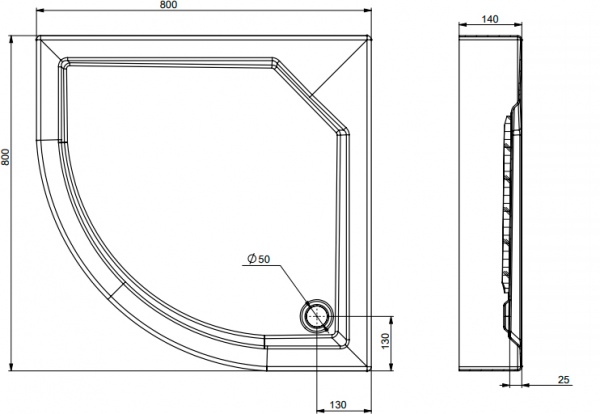 Поддон душевой EGO Lodos 80х80х14 полукруглый