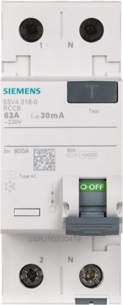 Диференційне реле Siemens АС 2p 63А 30 мА AC 230V 5SV4316-0