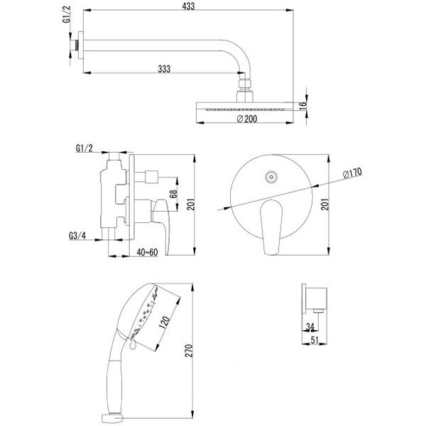 Смеситель скрытого монтажа Imprese Jesenik VR-15140 с верхним душем и лейкой