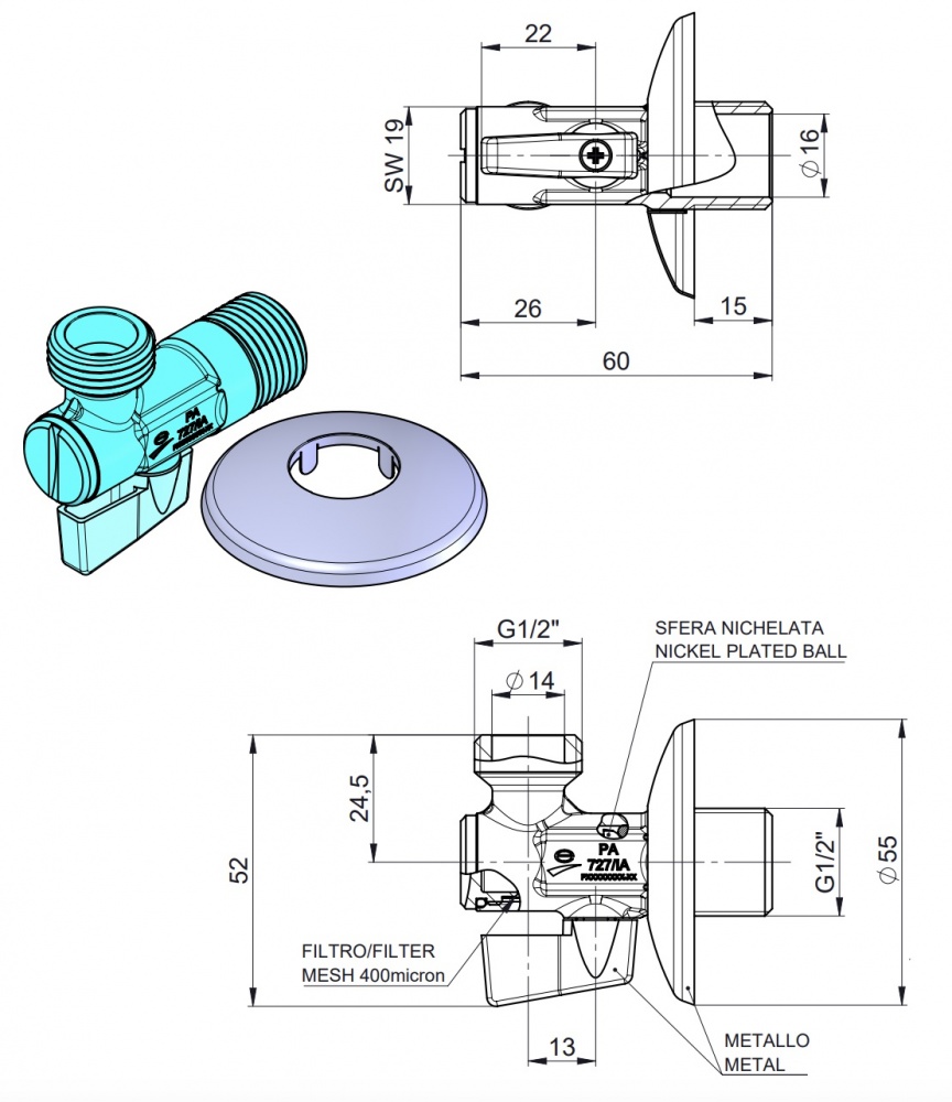 Кран кульовий Rhein приладовий з фільтром 1/2x1/2 з-з 500000001