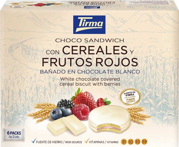 Печиво Tirma зі злаками та ягідним кремом у білому шоколаді (8410085885287) 240 г 