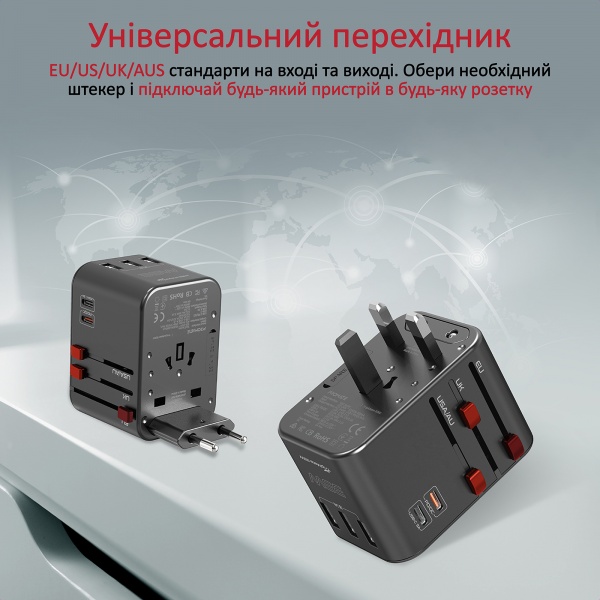 Сетевой адаптер Promate TripMate-33W EU/US/UK/AUS на EU/US/UK/AUS, 2хUSB-С+3хUSB-A 33.5 Вт total Black (tripmate-33w.black) 