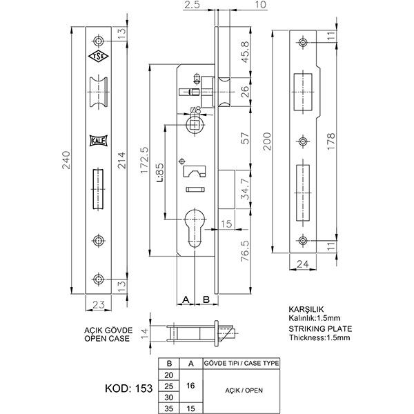 Дверний замок вхідний Kale 153 w/b без циліндра нікель