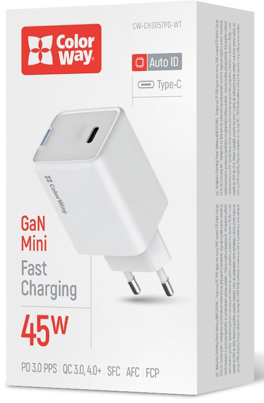 Сетевое зарядное устройство ColorWay GaN Mini 45W PD Port PPS USB-C белый (CW-CHS057PD-WT)