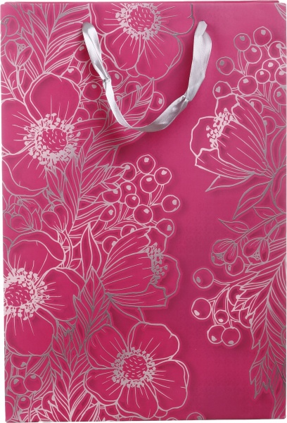 Пакет подарочный SuperL пл D-1143 розовый серебряные цветы с лаком глитер.