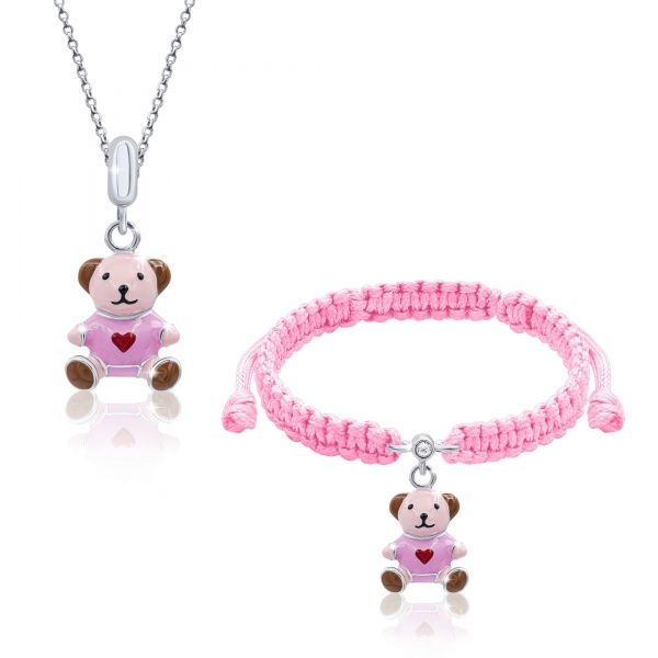 Браслет плетеный UMa&UMi Мишка с сердцем розовый