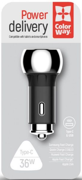 Автомобильное зарядное устройство ColorWay 2USB (Power Delivery Port + QC3.0 ) 36W (CW-CHA012PD-BK)