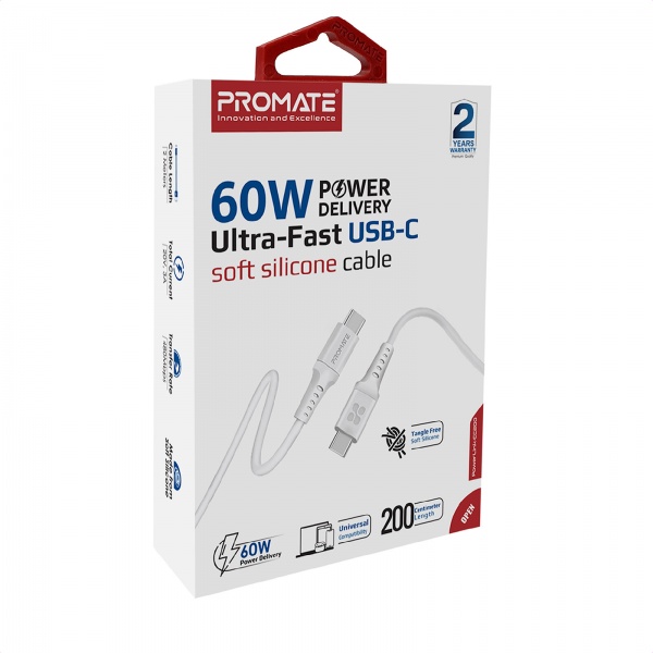 Кабель Promate PowerLink-CC200 USB-C to USB-C 60 Вт Power Delivery 2 м білий (powerlink-cc200.white) 