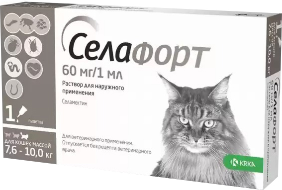 Краплі KRKA від ендо/екто паразитів для котів Селафорт вага 7,6-10кг (1 п-тка 1мл в уп) 0,25 мл