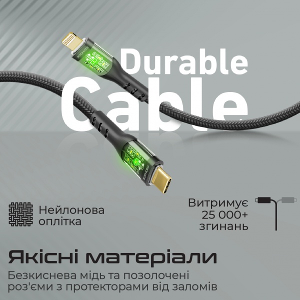 Кабель Promate TransLine-Ci USB-C to Lightning 27W Power Delivery 1,2 м чорний (transline-ci.black) 